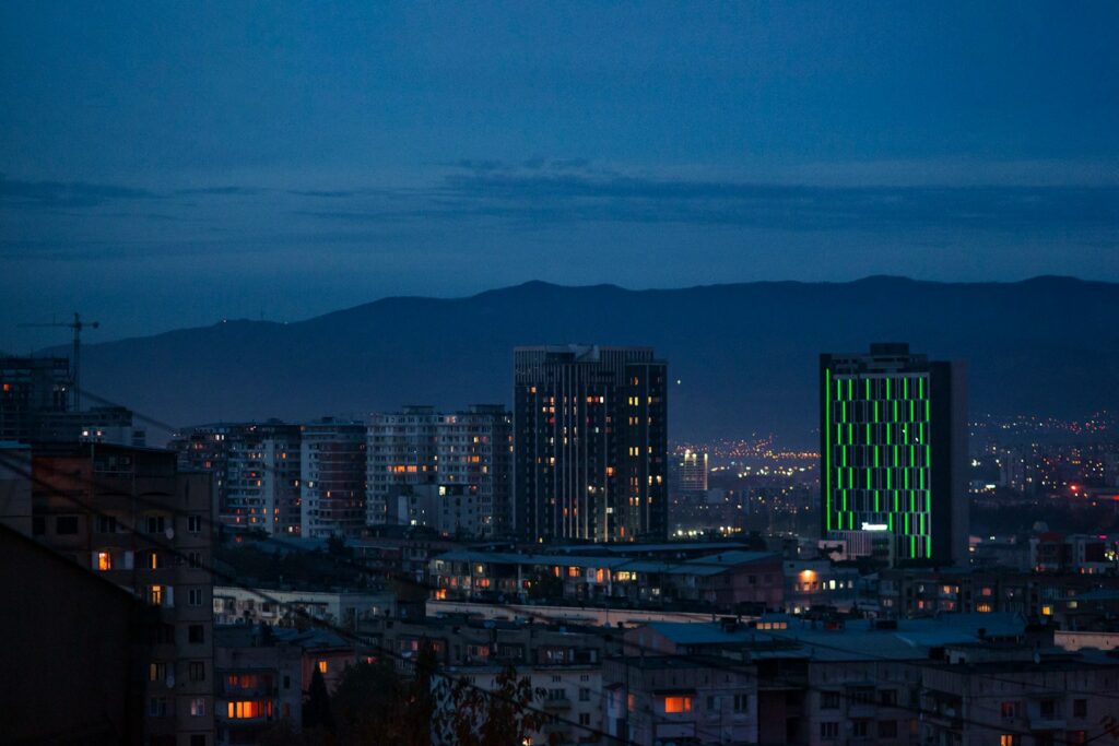 Tbilisi modern skyline at night — Georgia's growing fintech and crypto-positive banking hub