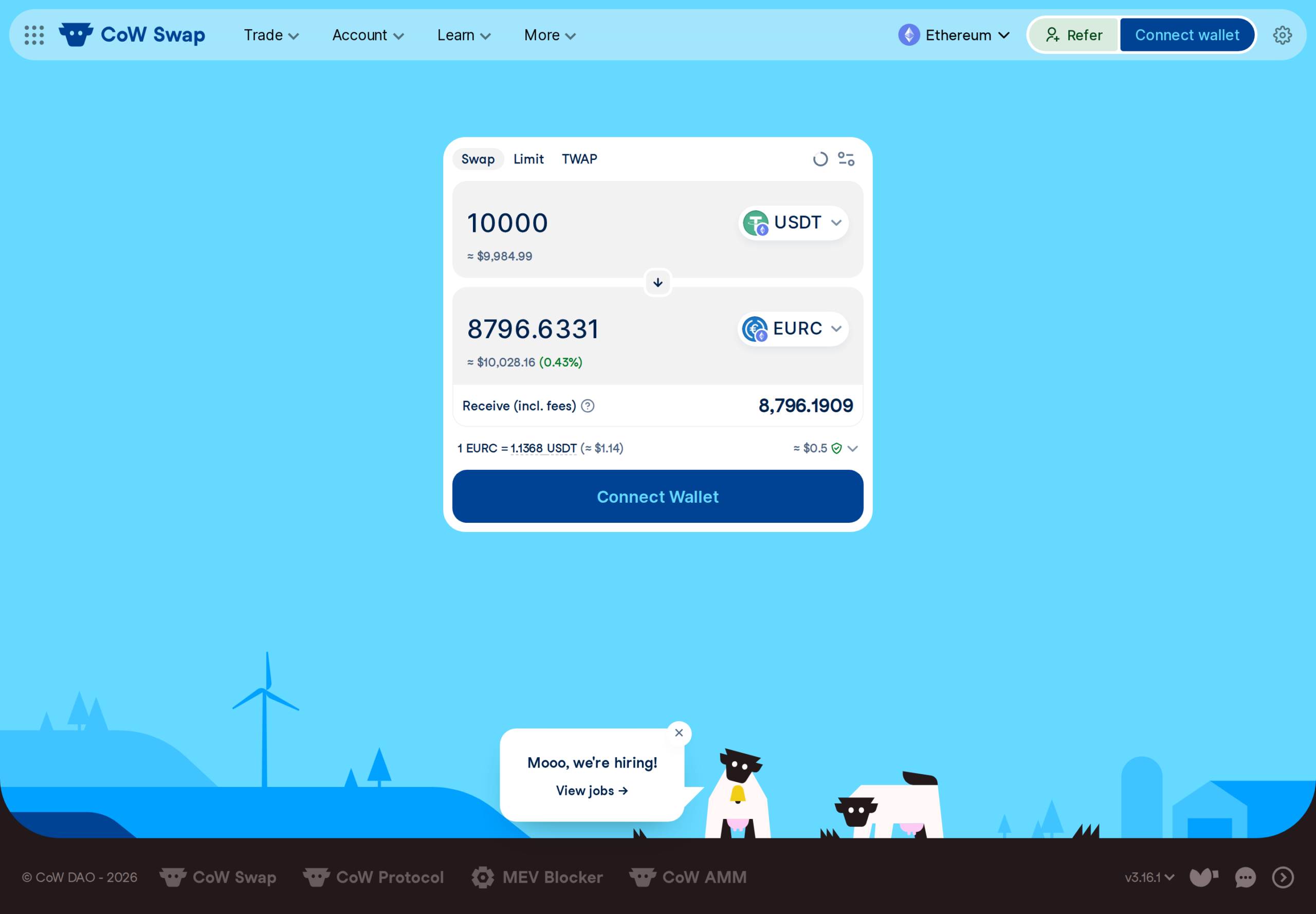 Screenshot: CoW Swap — swap 10,000 USDT → 8,796.63 EURC