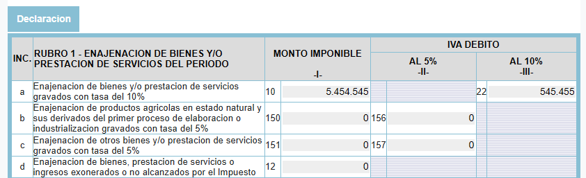 Rubro 1, casilla 10: invoice amount / 11 x 10