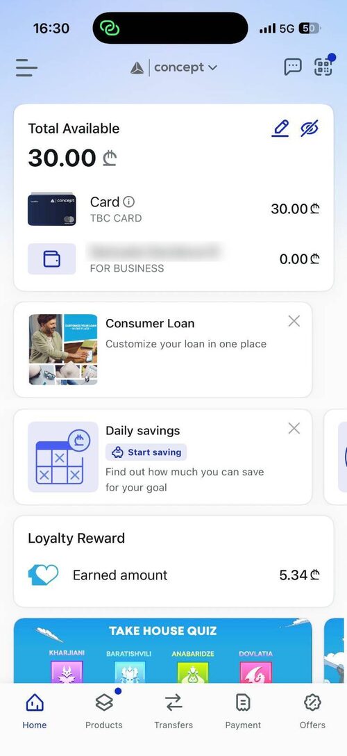 TBC Concept app home screen with cards and accounts