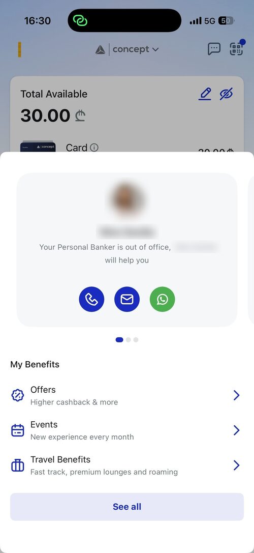 TBC Concept app personal banker contact screen