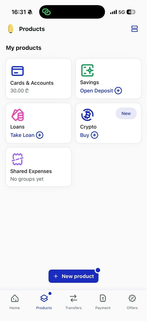 TBC Concept app products screen with accounts, savings, loans and crypto