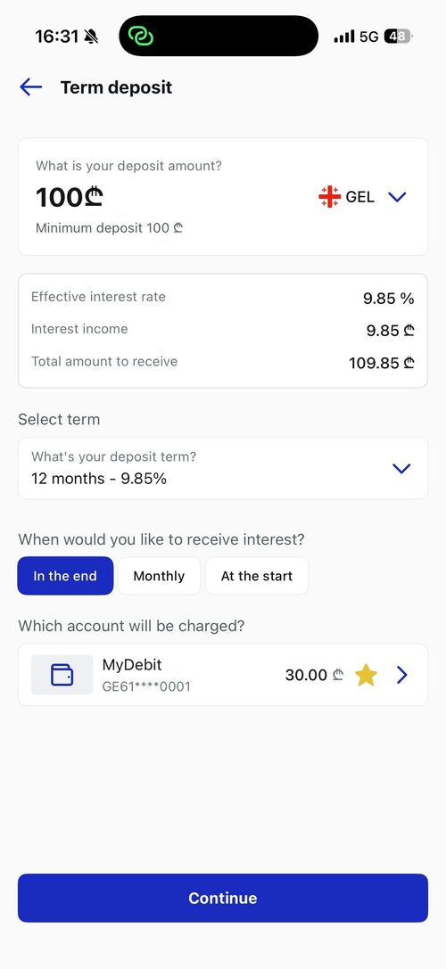 TBC Concept app term deposit opening screen