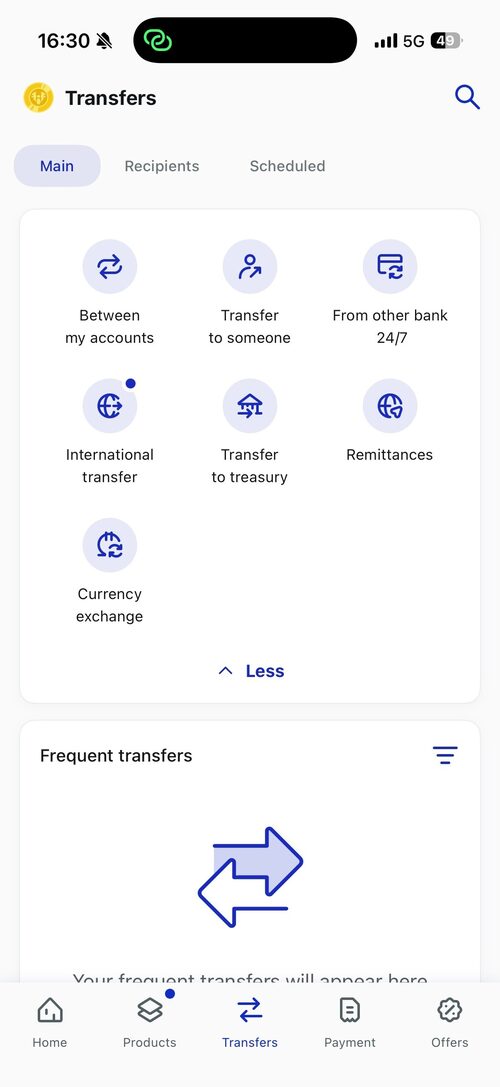 TBC Concept app transfers menu with international transfer and currency exchange