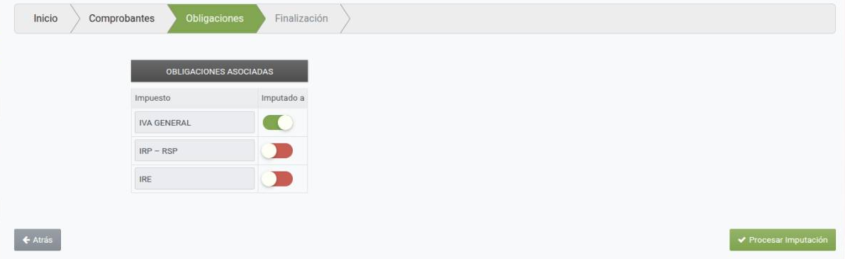 Obligaciones asociadas: IVA General switched on, IRP-RSP and IRE switched off