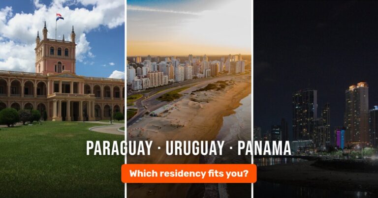 Paraguay, Uruguay and Panama side by side: the Palacio de los López, Punta del Este beach and the Panama City skyline